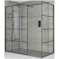 Barq - Black Corner Walk In Wet Room Shower Enclosure with Grid Pattern Screens Support Arms and Light Grey Slate Effect Tray - 1700mm x 900mm