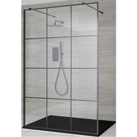 Barq - Black Floating Glass Walk In Wet Room Shower Enclosure with Grid Pattern Screen Support Arms and Graphite Slate Effect Tray - 900mm x 800mm
