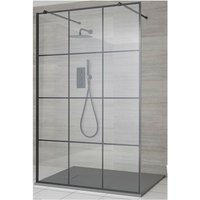 Milano Barq Black Floating Glass Walk In Wet Room Shower Enclosure with Grid Pattern Screen Support Arms and Light Grey Slate Effect Tray - 1400mm x