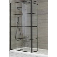 Barq - Black Recessed Walk In Wet Room Shower Enclosure with Grid Pattern Screen Hinged Return Panel Support Arm and White Tray with Drying Area