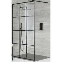 Barq - Black Walk In Wet Room Shower Enclosure with Grid Pattern Screen Support Arm and Light Grey Slate Effect Tray - 900mm x 800mm - Milano