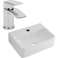 No Brand - Milano Farington - Modern 400mm x 295mm White Ceramic Rectangular Countertop or Wall Mounted 1 Tap Hole Bathroom Basin Sink - With Mixer