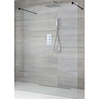 Nero - 1200mm Black Floating Glass Walk In Wet Room Shower Enclosure with Screen and Support Arms - 200mm Square Tile Insert Shower Drain - Milano