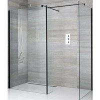 Nero - Black Corner Walk In Wet Room Shower Enclosure with Two 800mm Screens Return Panel and Support Arms - 400mm Tile Insert Shower Drain - Milano