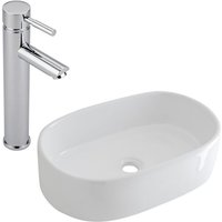 Milano - Overton - Modern 480mm x 350mm White Ceramic Oval Countertop Bathroom Basin Sink - With High Rise Tap