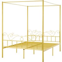 Mophorn Queen Size Metal Canopy Bed Frame with Four Poster Design, Sturdy Steel Slats, Minimalist Headboard, Underbed Storage, No Box Spring