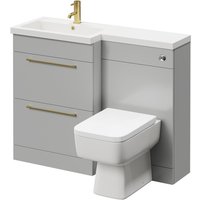 390 Combination Gloss Grey Pearl 1100mm Vanity Unit Toilet Suite with Left Hand l Shaped 1 Tap Hole Basin and 2 Drawers with Brushed Brass Handles