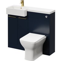 Combination Deep Blue 1000mm Vanity Unit Toilet Suite with Left Hand Square Semi Recessed 1 Tap Hole Basin and 2 Doors with Brushed Brass Handles