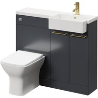 Combination Gloss Grey 1000mm Vanity Unit Toilet Suite with Right Hand Square Semi Recessed 1 Tap Hole Basin and 2 Doors with Brushed Brass Handles