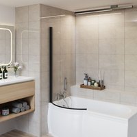 NRG 785x1400mm P Shaped Bath Screen Easy Clean Glass Panel Black