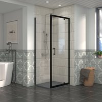 NRG Bathroom Pivot Shower Enclosure Black Framed + Side Panel, 700 x 700mm Reversible Screen with Anthracite SMC Square Shower Tray