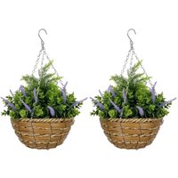 Outsunny - 2 PCs Artificial Lisianthus Flower Hanging Planter Basket Purple