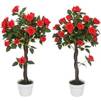 Outsunny - Set of 2 90cm Artificial Rose Tree, Fake Decorative Plant, Red