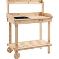 Outsunny Wood Potting Bench Work Table w/ 2 Wheels and Drawer, 92x45x119cm