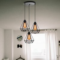 Pendant Lighting Fixture, Vintage Diamond Hanging Ceiling Lamp, Chandelier with Cage for Bedroom Living Room Kitchen Island - 3 Lights with Round