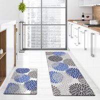 Floral Pattern Pu Leather Long Strip Kitchen Floor Mat, Waterproof, Oil-proof, Non-slip, Suitable For Home Use, Entrance Hall, And Door Mat - Floral Blue - 40601.0cm