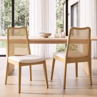 Wahson Set Of 2 White Rattan Dining Chairs, High Back Solid Wood Chairs With Pu Leather Upholstered Seat, Retro Farmhouse Kitchen & Dining Room Chairs