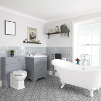 Milano Thornton Light Grey Bathroom Suite With Freestanding Double Ended Slipper Bath And Feet 630mm Vanity Unit And Back To Wall Toilet Wc Unit - White Ball & Claw Feet