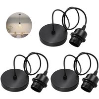 Set Of 3 E27 Lamp Pendants: 100 Cm Cable, E27 Lamp Socket With Mounting Ring, Adjustable Textile Cable For Home, Bar, Cafe - Black,
