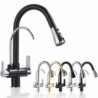 All-copper Kitchen Faucet, Pull-out Type, Hot And Cold Drinking Water, Three-in-one Purified Water Faucet For Sinks And Vegetable Wash Basins -- Copper Body, Black And Silver Finish, [one-button Stop