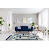 Lord Of Rugs - Nova Retro Nv30 Rug Vintage Modern For Living Room Bedroom Dining Room Geometric Stripes Pattern Blue Grey Rug In Large 160x230 Cm (5'3'x7'7')