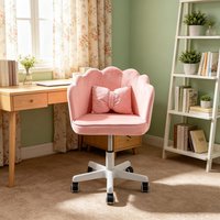 Cute Petal Desk Chair, Velvet Vanity Chair With Bow Cushion & Wheels, Upholstered Mid-back Office Chair, 360° Ergonomic Computer Desk Chair For Girls Women, 220lb Capacity For Bedroom Living Room