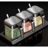 3-compartment Glass Spice Jar With Integrated Spoon – (black) - Suitable For Home And Household Use.
