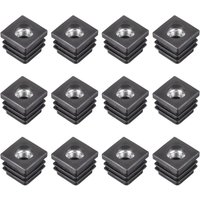 12 Pcs Inserts For Square Tubes With M8 Thread, Black Square Plastic Caster Cap Insert Chair Furniture Leg Caps
