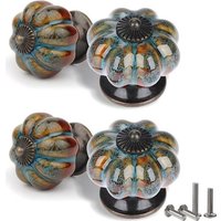 Set Of 4 Handles Of Drawer In Ceramic In Shape Of Citrouille With Screw Assorties, Style European Vintage With Motif Leopard Blue, For Cabinets, Cabinets And Drawers