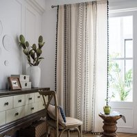 1 Bohemian Cotton And Linen Curtain Panel With Black Tassel For Living Room, Bedroom (white, 150 X 180 Cm)
