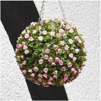 Garden Mile - Pink Rose Ball 30cm Hanging Baskets Garden Faux Floral Wall Mounted Bracket Chain Planter Basket