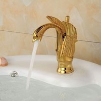 Polished gold swan-shaped washbasin tap in solid brass
