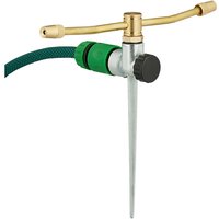 Relaxdays 2 Arm Sprinkler, with Ground Stake, 12 m Range, Adjustable Nozzles, 3/4 Connector, Rotating, Silver/Gold