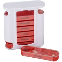 Relaxdays - 7-Day Pill Tower, Weekly Medicine Boxes, 4 Compartments, Sliding Lids, White-Red