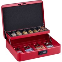 Relaxdays - Cash box, 3-digit combination, coin insert, iron money box, h x w x d: 8.5 x 30.5 x 25 cm, red