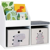 Relaxdays childrens bench with storage, HWD: 72 x 79 x 31 cm, 2 foldable boxes, bookshelf, padded seat, white/grey