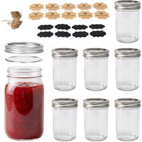 Relaxdays preserving jars, 8pc, 500 ml, lids, labels & string, airtight, transparent/silver