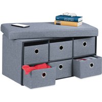 Relaxdays Storage Bench, 6 Drawers, Padded Stool for Home, Foldable, HxWxD: 39 x 76 x 38 cm, Grey