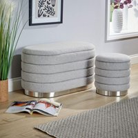 Home Source - Set 2 Storage Ottoman Grey Boucle Teddy Fur Footstool Furniture Bench Storage