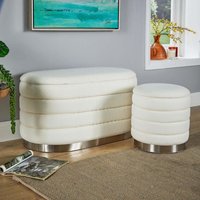 Home Source - Set 2 Storage Ottoman White Boucle Teddy Fur Footstool Furniture Bench Storage