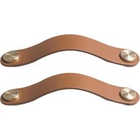 Set of 2 brass and brown leather cabinet door handles, 160 mm long, with screws for cabinets