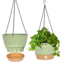 Set of 2 hanging planters, 25.4 cm diameter for indoor and outdoor use, Hanging Flower Pot with Drainage Hole and 3 Hooks for Garden and Home (Green).