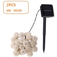 Set of 2, Natural Solar Garland 6m 30 Balls, IP44 - Honest Color Rattan Light Garland