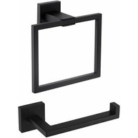 Dewdat - Set of 2 Toilet Paper Holder and Towel Ring Black Bathroom Accessory Set, Square Towel Ring - Black, Paper Towel Holder