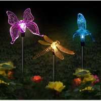Set of 3 solar garden lights in the shape of a butterfly, hummingbird, and dragonfly solar-powered LED multicolor