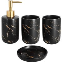 Memkey - Set of 4 ceramic bathroom accessories with soap dispenser, cups, soap dish (black)
