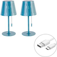Set of 2 Table Lamps Blue Incl. led 3-Step Dimmable Rechargeable and Solar - Ferre