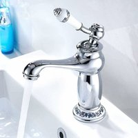 Neige - Single Handle Basin Faucet Brass Ceramic Sink Faucet Long Neck Vintage Floral with Cold/Hot Water Inlet Kitchen Bathroom Faucet (Chrome)