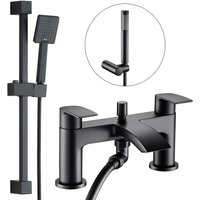 Square Matt Black Bath Mixer Shower Waterfall Tap Deck Mounted + Riser Rail