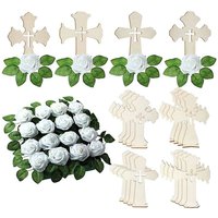 Standing Wooden Cross Wood Crosses for Crafts with Bases 16 Pcs White Roses Artificial Flowers